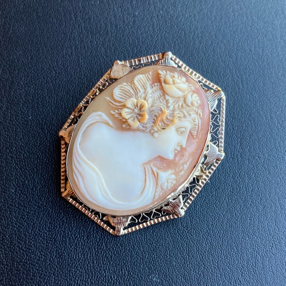 *HP* Antique Victorian 14k white gold filigree cameo hand carved brooch pendant - Picture 6 of 15